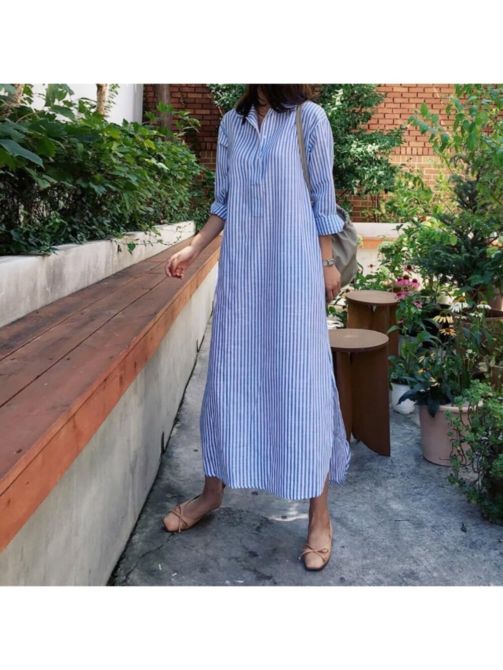 Casual Long Sleeve V-Neck Striped Maxi Dress with Pockets - Loose Cotton Shift - Picture 5 of 7